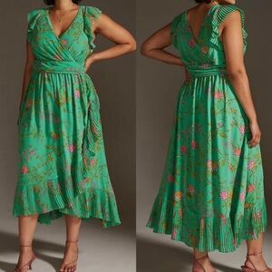 Anthropologie Ruffle-Sleeve Floral Wrap Dress